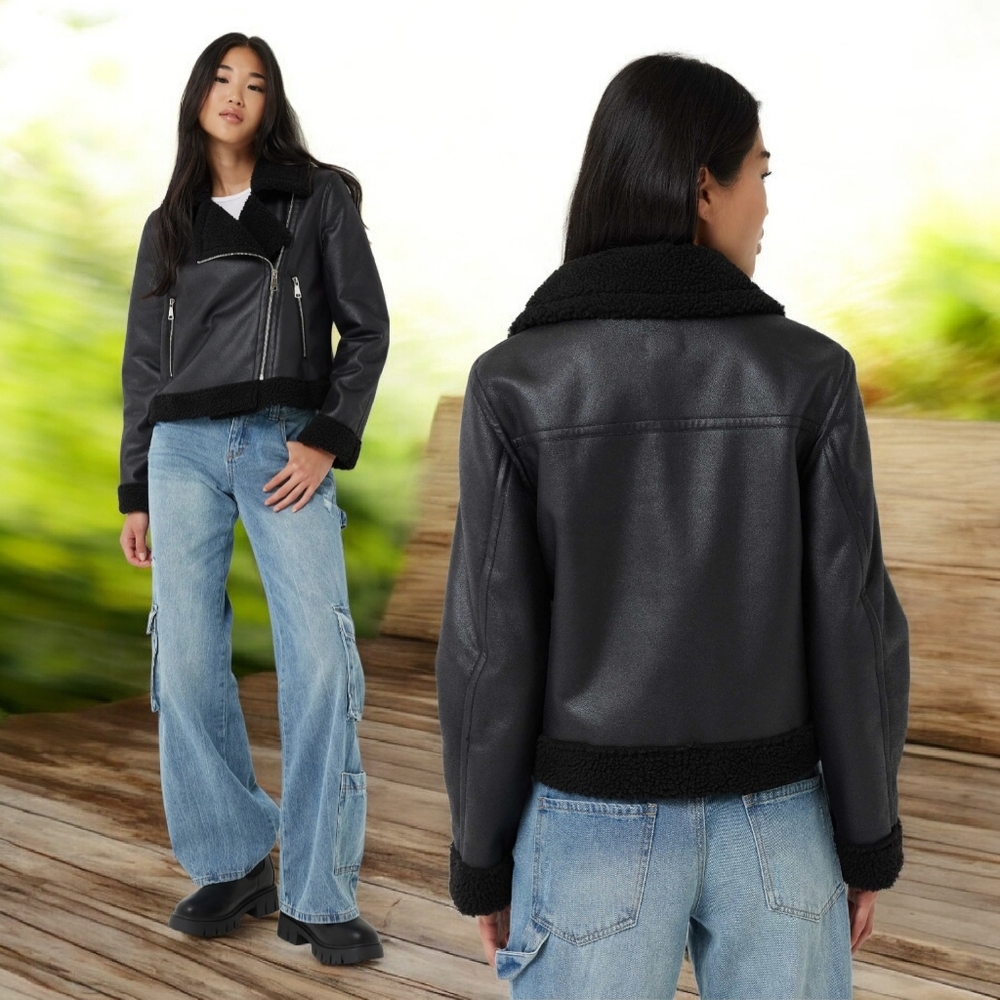 Ardene Women's Black Faux Shearling Aviator/Biker Oversized Jacket